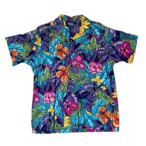 VTG Polo Ralph Lauren Adams Cotton Hawaiian Shirt Size M Purple Blue Flowers